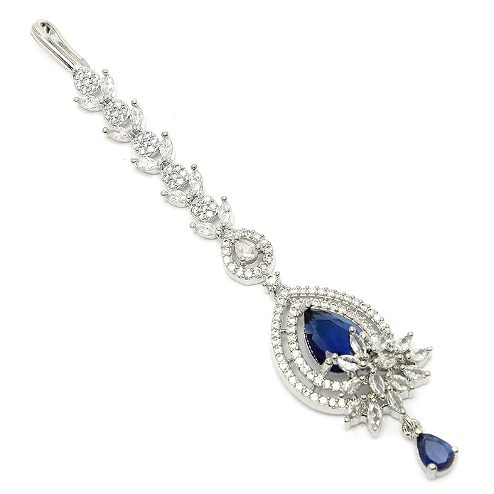 Zeneme Rhodium Plated Designer American Diamonad Tear Drop Crytal Studded Silver Toned Maang Tikka for Women and Gifts for Girls