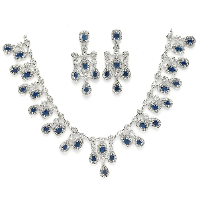 ZENEME Rhodium-Plated Silver Toned Square Shaped American Diamond Studded Necklace with Earring Jewellery Set for Girls and Women