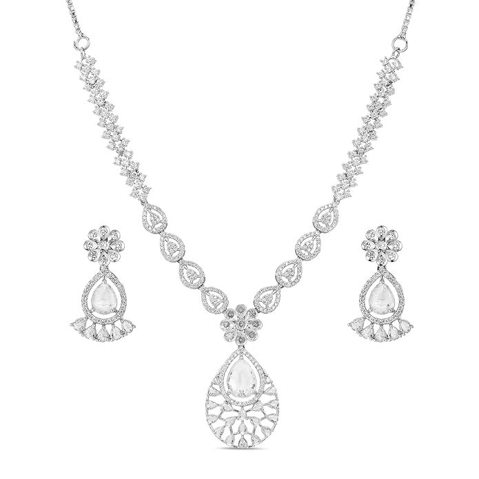 Rubans Necklace Set Teardrop American Diamond Zirconia Studded Stylish Jewellery Gift for Women & Girls