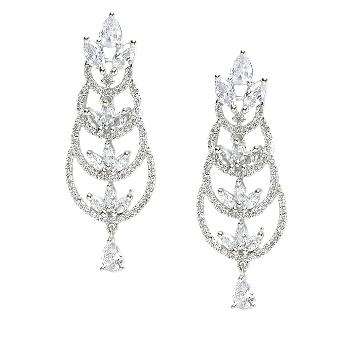 Zeneme Oxidised Silver-Plated American Diamond studded Crescent Drop Earrings for Girls and Women
