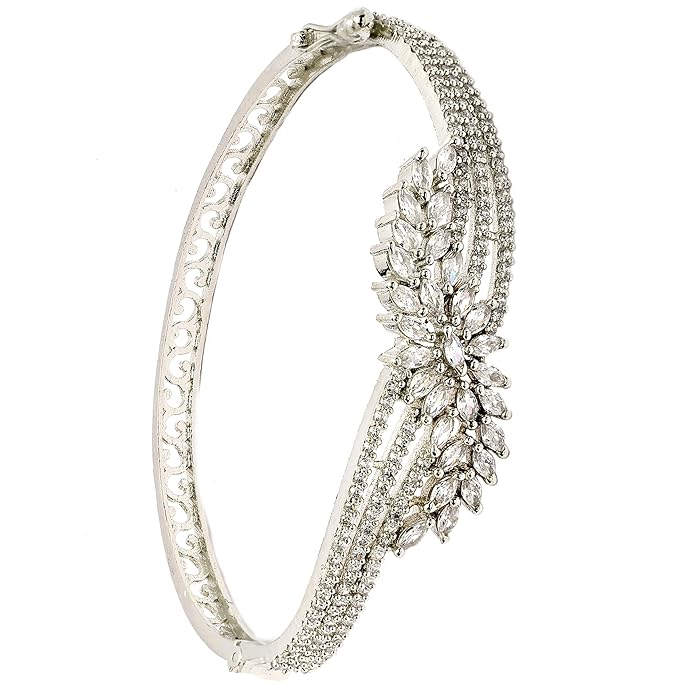 ZENEME Rhodium-Plated Silver Toned American Diamond Studded Contemporary Kada Bracelet For Girls and Women