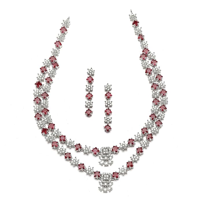 ZENEME Rhodium-Plated American Diamond Studded Star Shaped Layered Necklace With Earrings Jewellery Set For Girls and Women