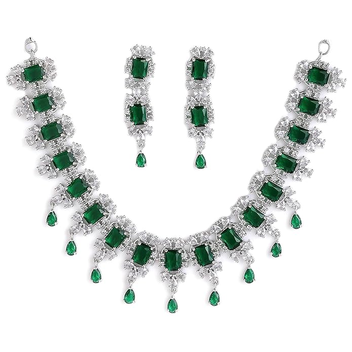 ZENEME Rhodium Plated Square Shaped Silver Toned American Diamond Stone Studded Necklace With Earring Jewellery Set For Women and Girl