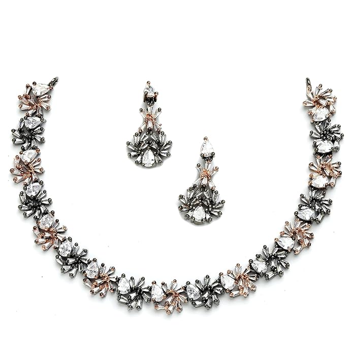 ZENEME Rhodium-Plated White American Diamond Necklace Set with Earrings for Women & Girls Silver-Tone Floral AD Jewellery Set For Womens