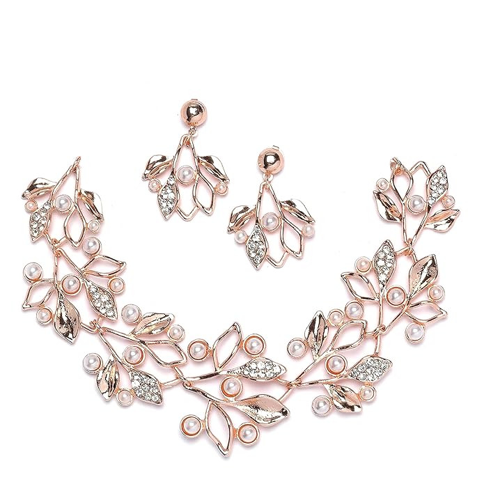 ZENEME Oxidised Silver-Plated Cubic Zirconia & White Pearls Studded Leaf Shaped Necklace With Earrings Jewellery Set For Girls and Women