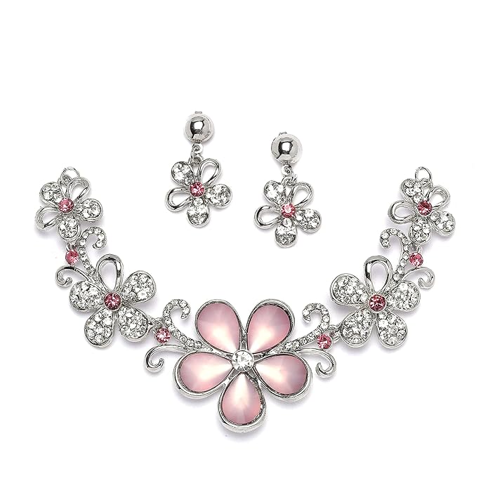 ZENEME Rhodium-Plated Pink Floral American Diamond Necklace Set with Earrings for Women & Girls Silver toned CZ Designer Statement Jewellery Set