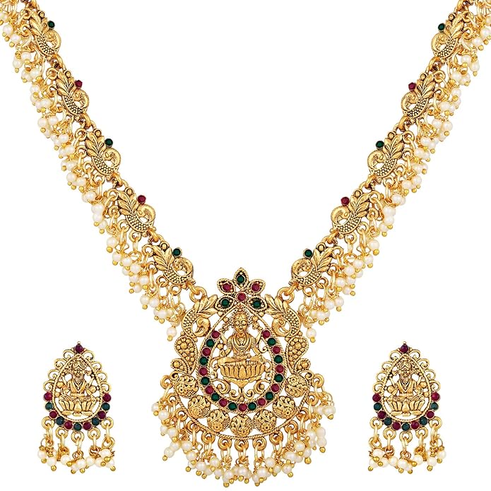 Shining Diva Fashion Latest Temple Design Gold Plated Traditional Pearl Necklace Jewellery Set for Women