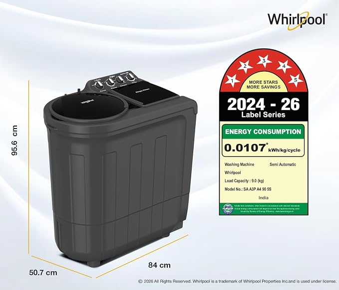 Whirlpool 9 kg 5 Star Semi-Automatic Top Loading Washing Machine (MAGIC CLEAN 9 GREY DAZZLE (10YR)-S, 15 Mint Quick Wash, 2026 Model)