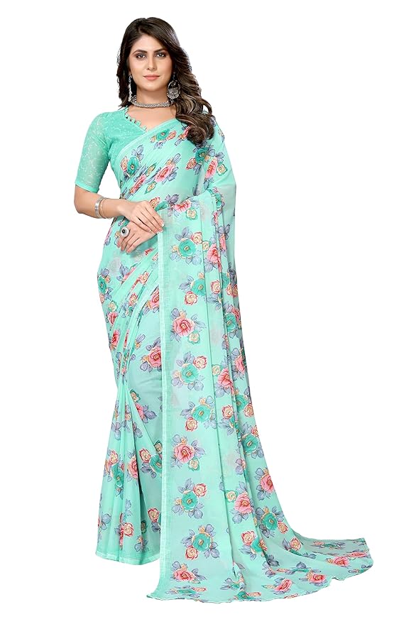 Yashika Women's Trendy Printed Georgette Red Color Saree with Blouse Material