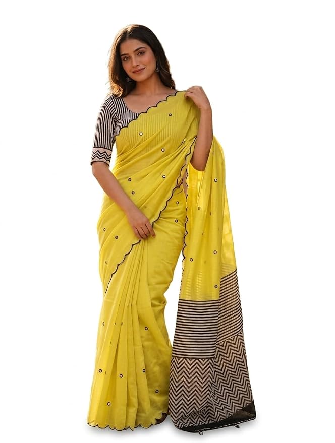 Linen Cotton Saree with Black Mirror Work | New