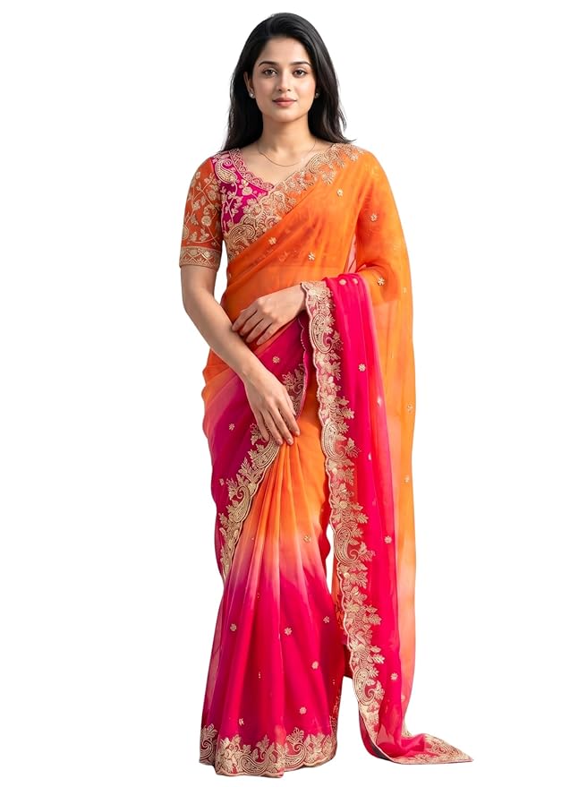Amazon Brand - Tavasya Fancy Fendy Satin Silk Saree with Multi Sequence Embroidery Work | Heavy Embroidered Wedding Party look Saree with Running Blouse Piece