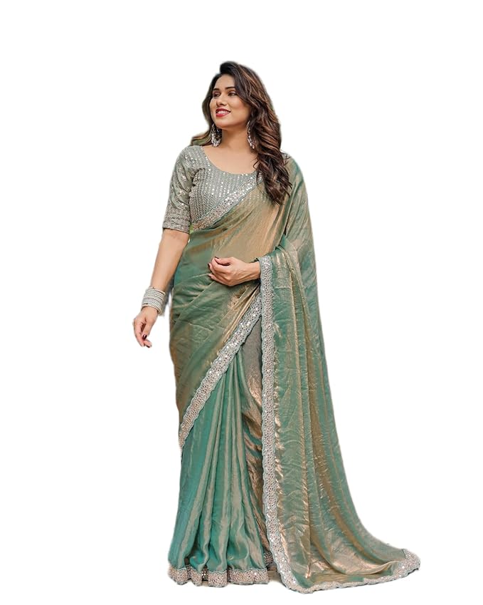 Amazon Brand - Tavasya Women's Fendy Chiffon Saree with All Over Embroidery & Sequin Work | Elegant Saree with Matching Fendy Chiffon Fully Embroidered Blouse Piece