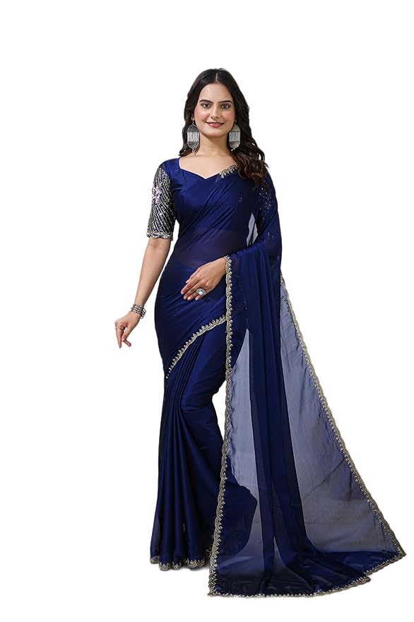 Amazon Brand - Tavasya Women's Elegant Rangoli Silk Embroidery Work Saree with Heavy Embroidered Border & Embroidery Work Blouse Piece Perfect for