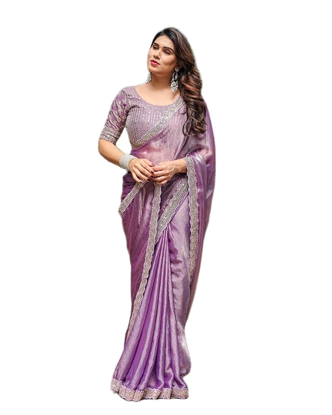 Amazon Brand - Tavasya Women's Fendy Chiffon Saree with All Over Embroidery & Sequin Work | Elegant Saree with Matching Fendy Chiffon Fully Embroidered Blouse Piece