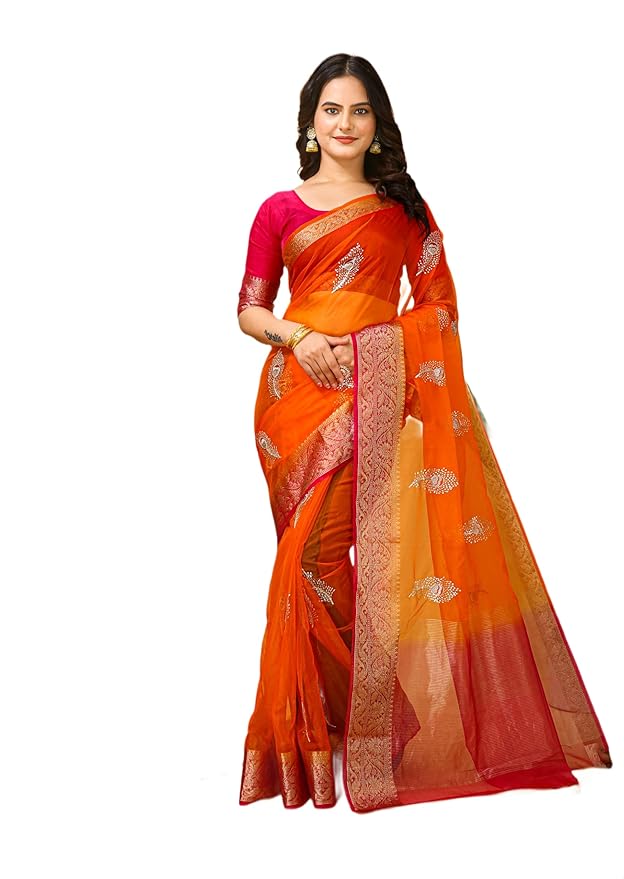 Amazon Brand - Tavasya Women's Kanchipuram Organza Jacquard Saree with Multi Sequin Full Embroidery Work and Raw Silk Sequin Work Blouse Piece – Elegant Traditional & Saree