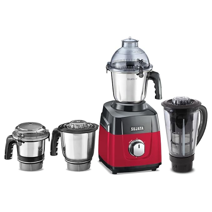 Sujata MG03 Mixer Grinder |1000 Watts Double Ball Bearing Motor|24000 RPM|Non-Stop 90 Mins Running|4 Jars including 1750ml Blender with Coconut Milk Extractor, 1500ml, 1000ml, 500ml Jar| Red & Black