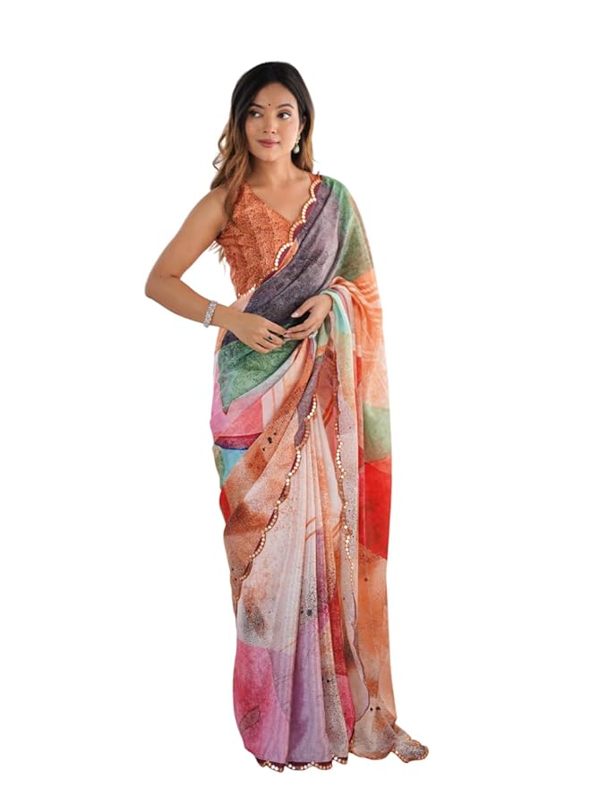 Amazon Brand - Tavasya Women's Chinnon Fabric Printed Saree with Beautiful Kutchi Mirror Work Lace Border and Matching Blouse Piece – Saree for women