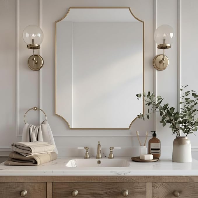 12x18 Inch Gold Scalloped Vanity Mirror – Brushed Antique Finish with Anti-Rust Plastic Frame, Elegant Wall-Mounted Bathroom Mirror for Home Décor & Remodel