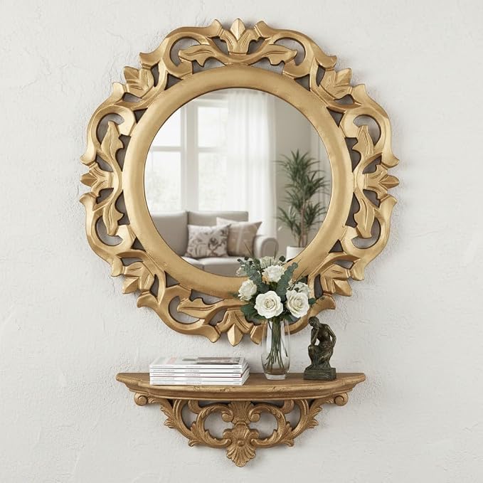 THE URBAN STORE Wall Mirror Wooden Gold Color 14"x14" Pack of One French Style Elegantly Hand Crafted Floral Carving Mirror for Home and Office Decor TUSMR67