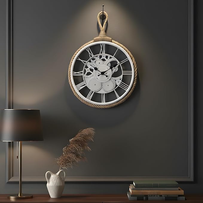 Amazon Basics Plastic Wall Clock with Rope for Hanging, Skeleton Dial Design, Lightweight & Durable, 32 cm Diameter x 4.5 cm Width, Ideal for Indoor Decor – White