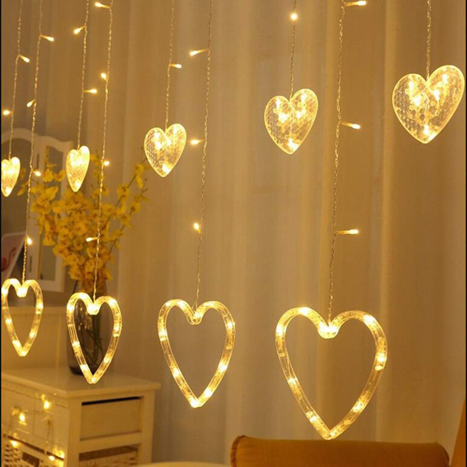 DesiDiya® 130 LED Heart Shape Curtain String Lights with 8 Flashing Modes Decoration (12 Hearts, Warm White).