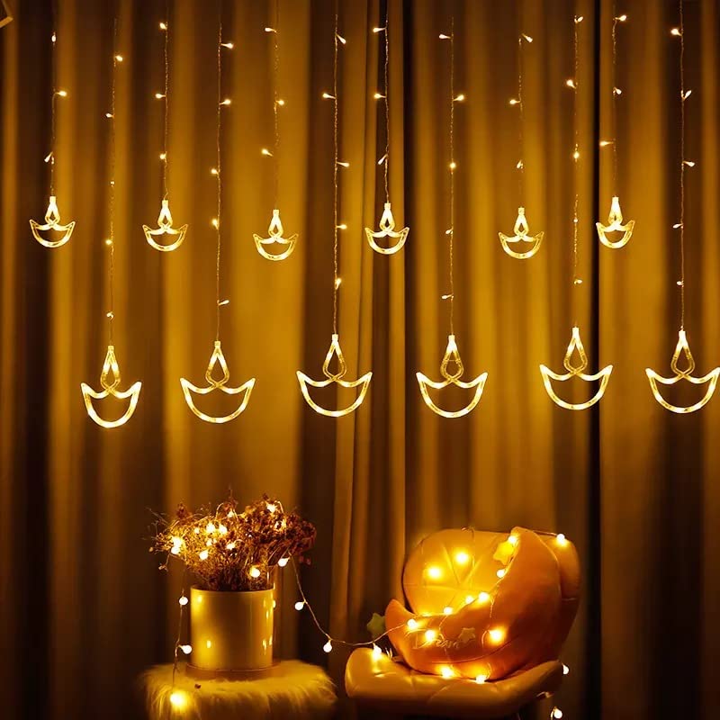 Desidiya® Warm White Diya/Diwali Light Curtain,String Lights with Pack of 12 Hanging Diyas, 8 Flashing Modes, Decoration