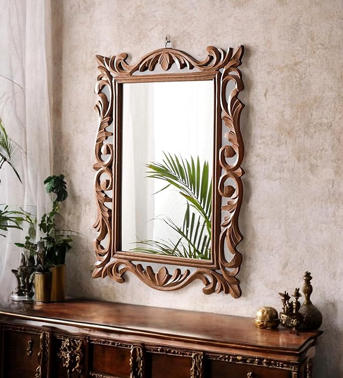 THE URBAN STORE Wall Mirror Wooden Walnut Color 24"x18" Pack of One Victorian Style Elegantly Hand Crafted Floral Carving Mirror for Home and Office Décor TUSMR36