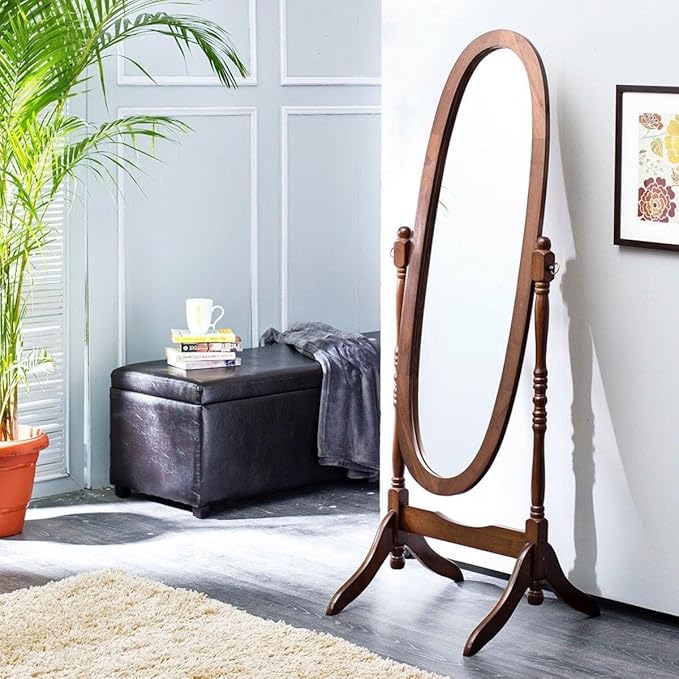 Home Centre | Cheval Standing Floor Mirror | Round Framed, Engineered Wood | Brown