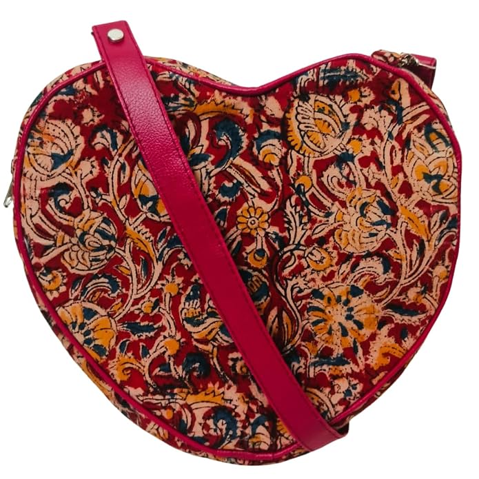 Kalamkari Sling Bag with Peacock Print | Water-Resistant Lining | Adjustable & Detachable Strap | Red