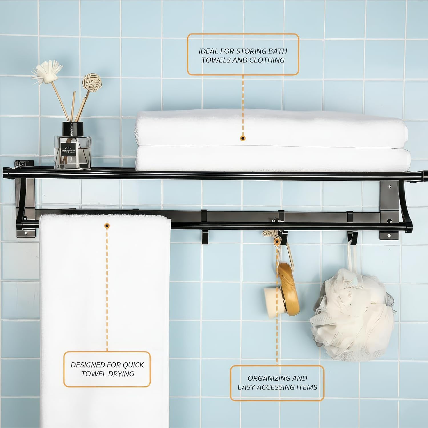 Amazon Basics Towel Holder in Bathroom 24 Inch, Foldable Wall Mounted Double Tier Aluminum Towel Rack for Bathroom with Shelf, Rod & Hooks, Rustproof Bathroom Organizer