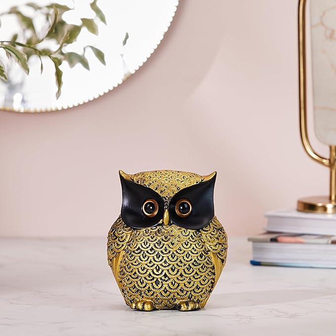 Amazon Basics Modern Classy Happy Owl Resin Art Figure Handicraft Resin Showpiece (Pack of 1, Black and Golden)