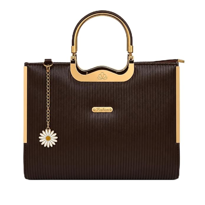Luxury Genuine Leather Satchel Bag for Women | Elegant Brown Shoulder Handbag with Gold Metal Handle & Accents | Classic Designer Top-Handle Tote Bag, Crossbody Purse for Work, Weddings, & Evenings