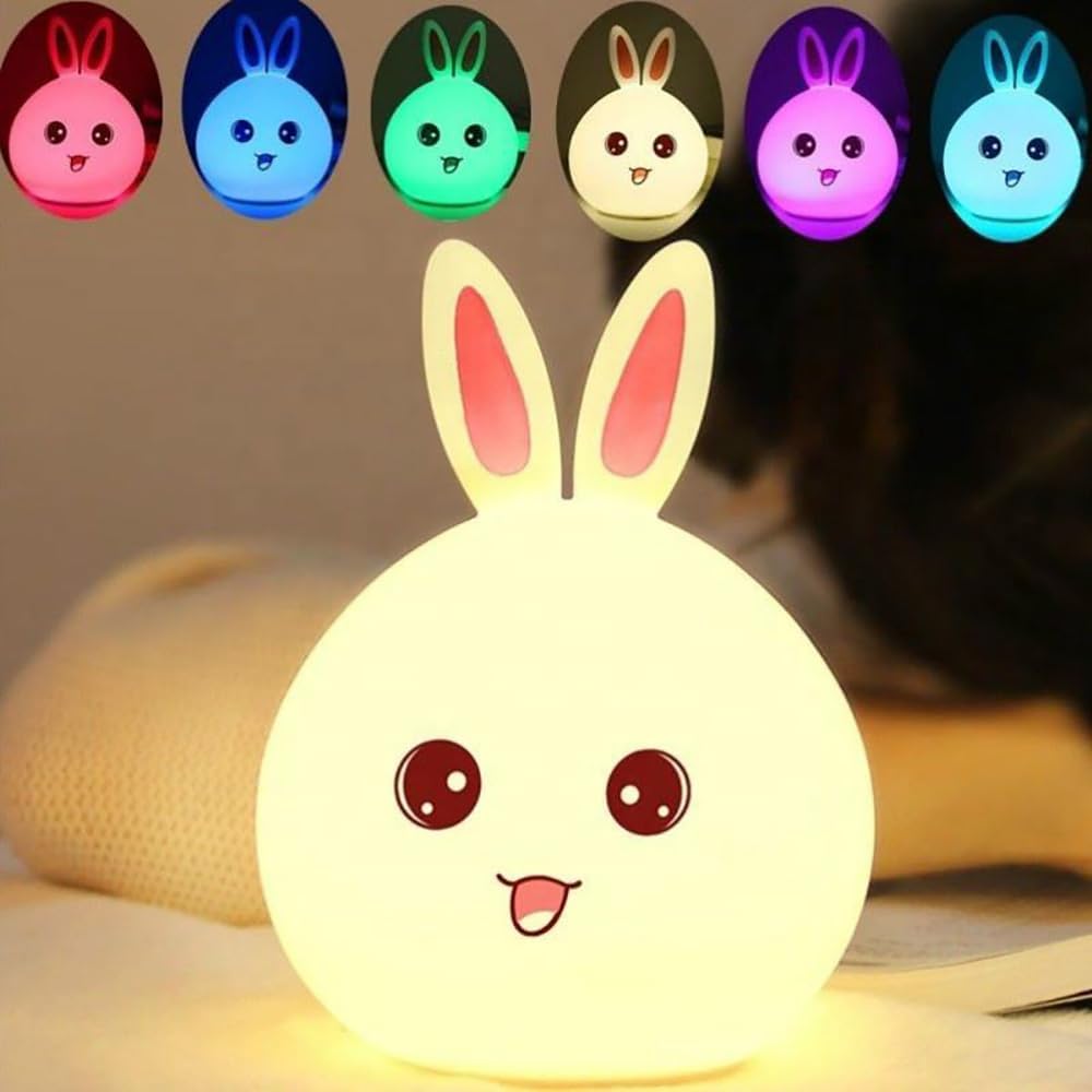 Desidiya Big Face Rabbit Silicone Night Light: Color-Changing Led Lamp with Touch Sensor Control,USB Rechargeable-Ideal for Kids' Bedroom Decor,White