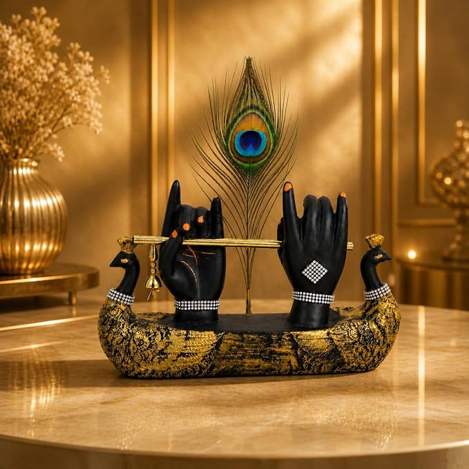 CraftVatika Krishna Hand Showpiece with Flute Peacock Feather,Housewarming Gifts for New Home,Wedding for Couple Home Office Decor Decoration Items for Living Room,Griha Pravesh Gift