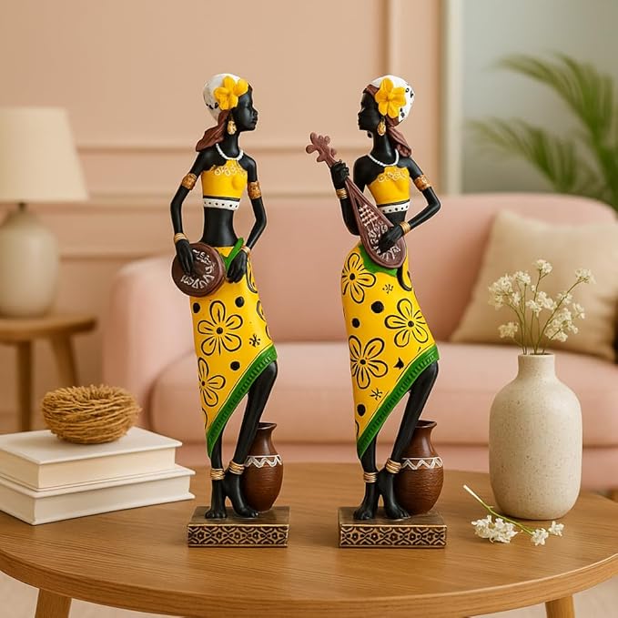 Xtore Resin African Girl with Musical Instruments| Captivating Home Décor - (Pack of 2, Yellow & Black- Model 1, Large)