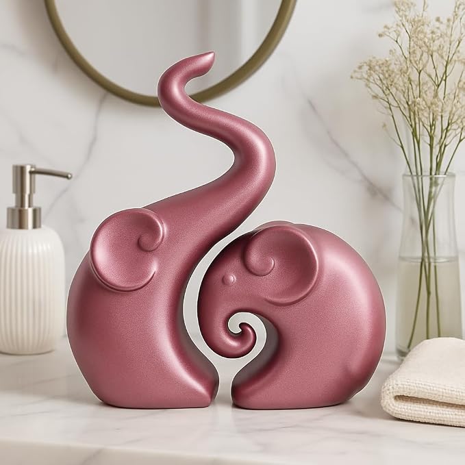 Xtore Lavish Rose Gold Home Decor Elephant Couple | Ceramic Figurines (Set of 2, Rose Gold Matte)