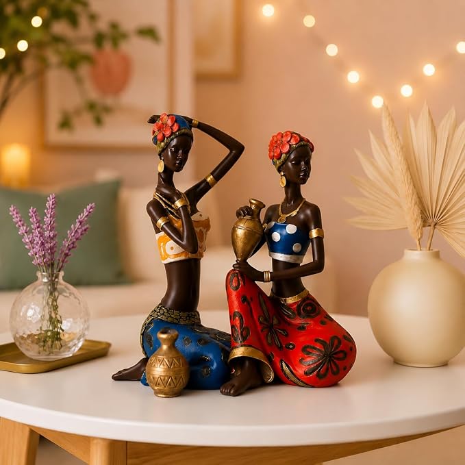 Xtore African Lady Statue with Pot| Graceful and Cultural Home Décor (Pack of 2, Red, Blue)