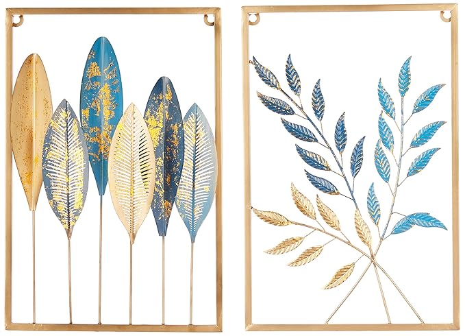 Amazon Brand - Solimo Metal Leaf Wall Hanging Decor | Nature-Inspired Leaf Design | Easy Installation (Set of 2 | Gold)