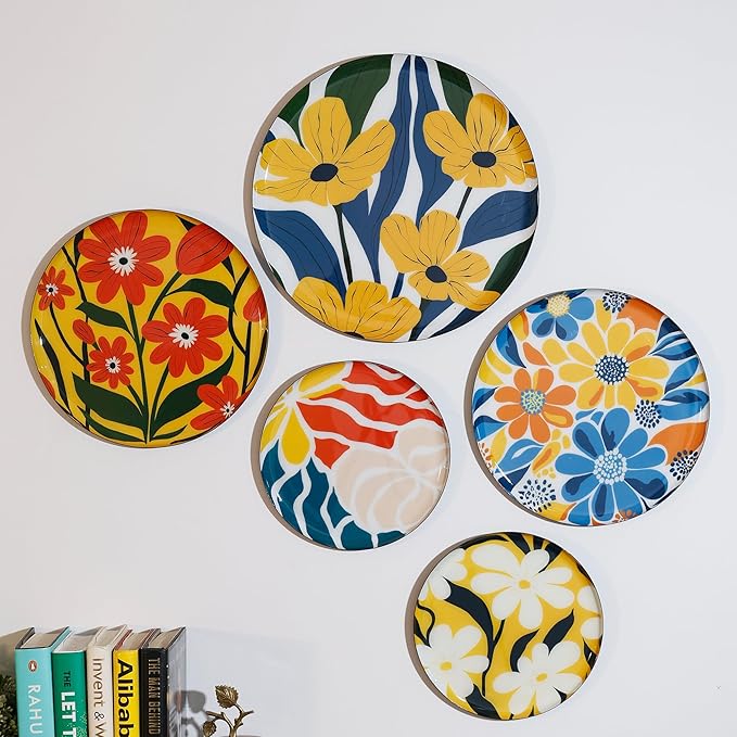 Amazon Basics Metal Decorative Wall Plates | Home Decoration | Vivid Floral Art Design | Living Room Wall Decoration | Décor Items | Gift Items (Multicolour) (Set of 5)