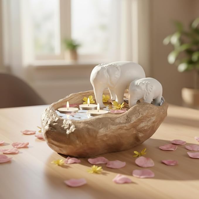 eCraftIndia Elephant Statues Decorative Urli Bowl for Home Decor (Resin Light Brown) | Urli Set for Decoration Floating Flowers Tea Light Candle Holder | Diwali Decoration Items