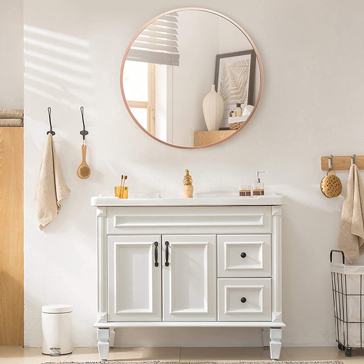 CasaGold 24 Inch Rose Gold Round Wall Mirror with Steel Frame | Circle Wall Mirror for Bathroom Vanity, Living Room, Dressing Room with Frame for Wall Decor and Home Décor, framed