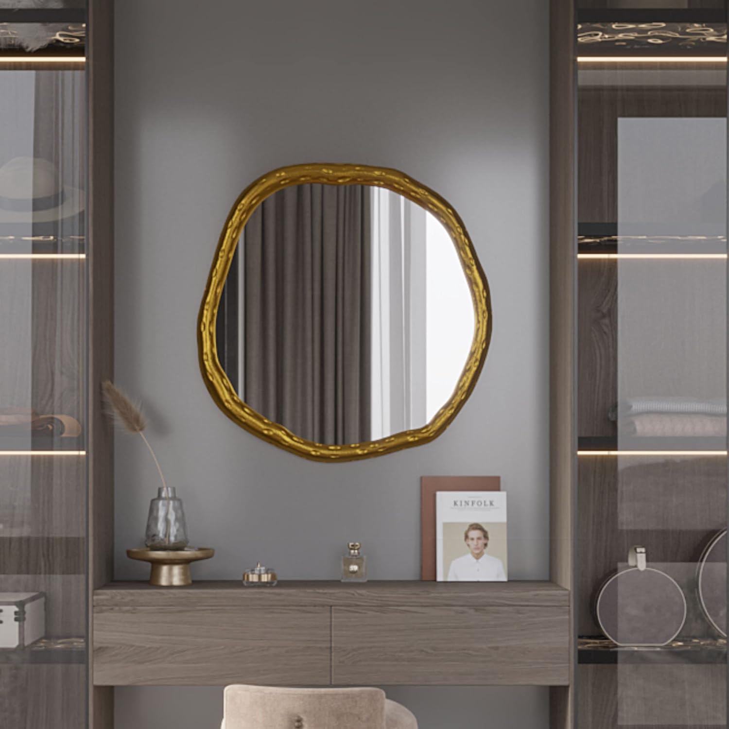 CasaGold 24 Inch Gold Abstract Vintage Hammered Mirror | Vintage Wall Mount Mirror | Circle Wall Mirror for Bathroom Vanity, Living Room, Dressing Room with Frame for Wall Decor and Home Decor