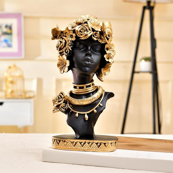 Amazon Basics Elegant Afro Woman with Floral Crown Figurine | A Stunning Blend of Culture & Grace | Perfect for Adding Artistic Charm – Pack of 1, Black & Golden