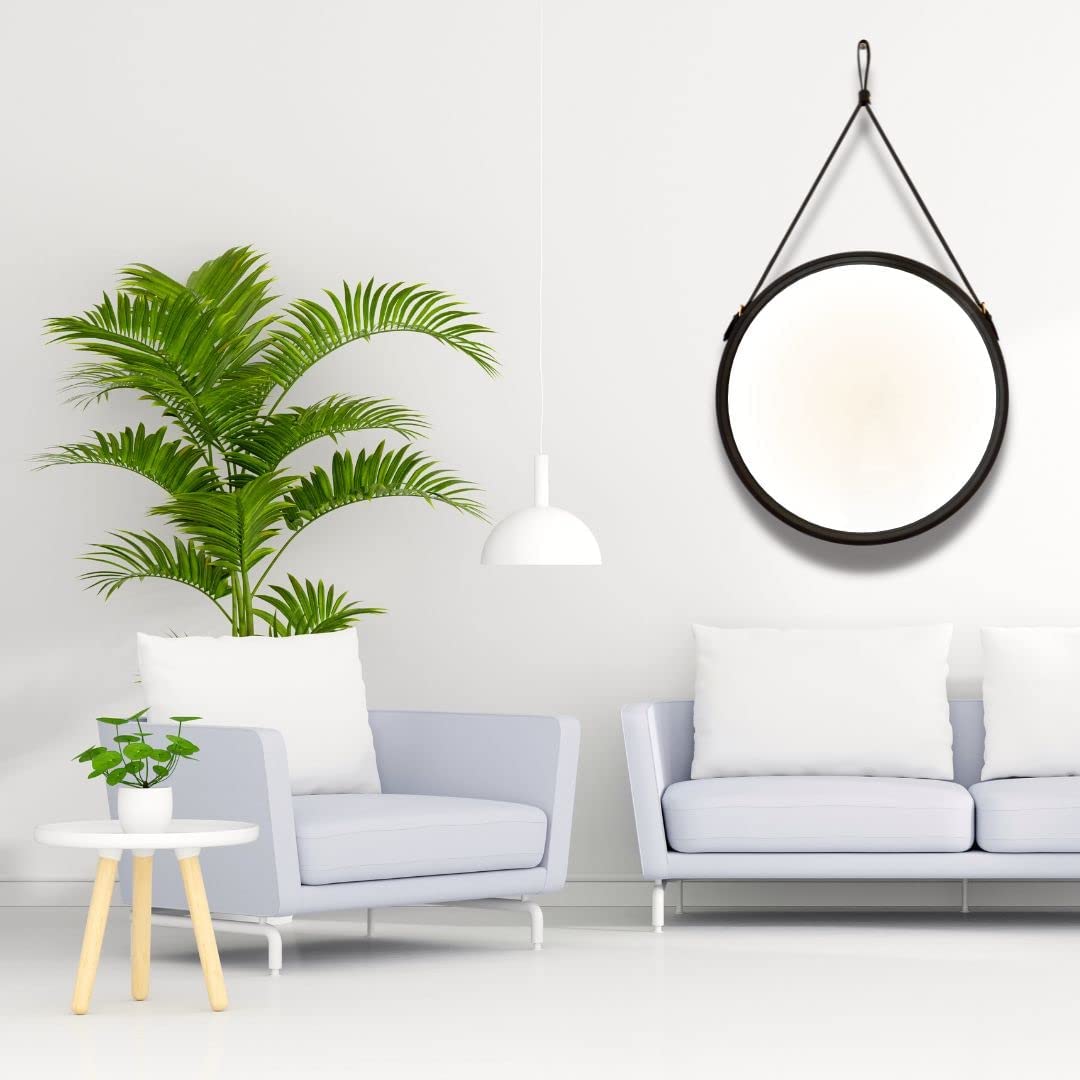 CasaGold 36 Inch Black Round Decorative Genuine Leather Hanging Mirror with Belt | Adjustable Leather Strap & Matching Wall Hook | Modern, Sophisticated Aesthetic Mirror for Home Wall Decor