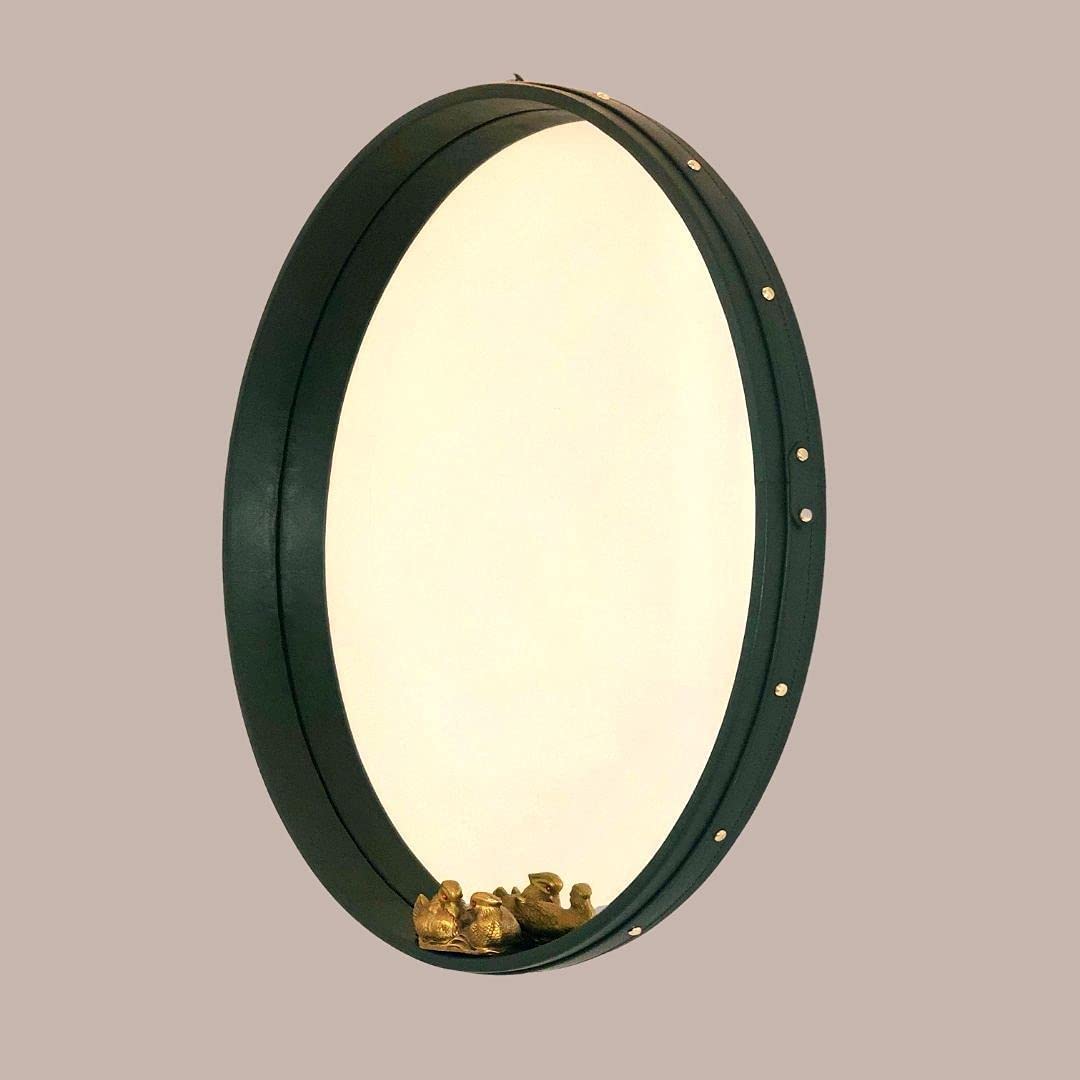 CasaGold 24 Inch Olive Green Round Decorative Genuine Leather Round Hanging Mirror | Green Leather Clad Mirror Modern, Sophisticated Aesthetic Mirror for Home Wall Decor