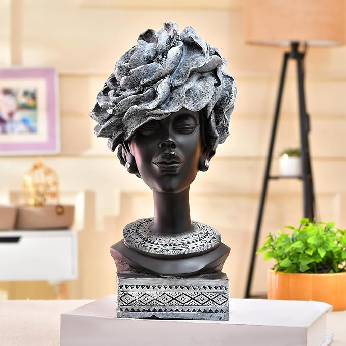 Amazon Basics Graceful Afro-Inspired Woman Figurine | A Celebration of Culture & Beauty | Elevate Your Décor with Timeless Elegance Pack of 1, Black & Grey, Resin