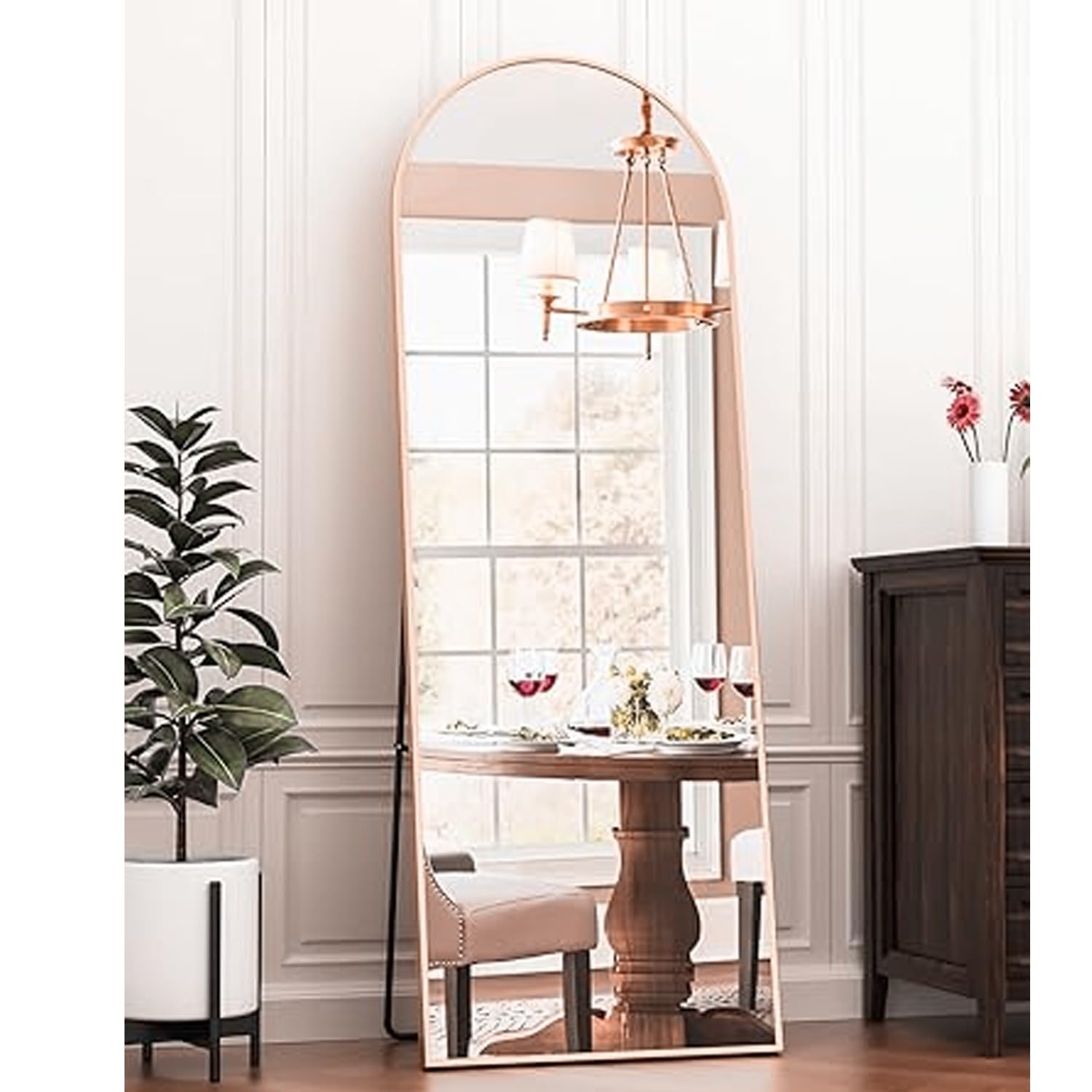 CasaGold 65" X 27" Inch Full Lenght Large Arched Glass Mirror With Stand&Wall Hooks|Dressing Mirror With Steel Frame Fashionable Arched-Top Aull Body Thin Frame Mirror|(Rose Gold)