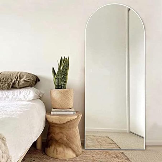 CasaGold 65" X 27" inch Full Lenght Large Arched Mirror with Stand & Wall Hooks | Dressing Mirror with Metal Frame Fashionable Arched-Top Aull Body Thin Frame Mirror | (White)