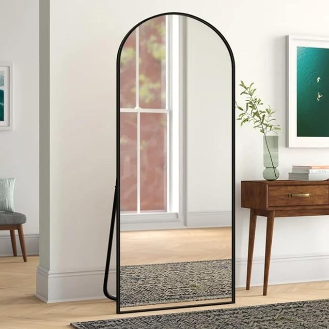 CasaGold 65" X 27" inch Full Length Large Arched Mirror with Stand & Wall Hooks | Dressing Mirror with Metal Frame Fashionable Arched-Top Aull Body Thin Frame Mirror | (Black)