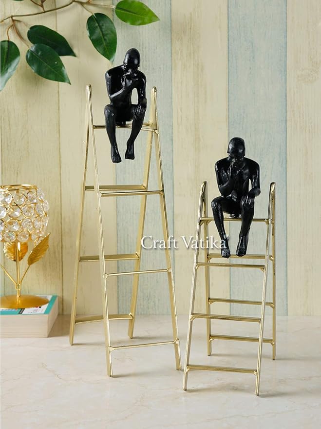 CraftVatika Metal Thinker Man Showpiece On The Stairs Decorative Statue Auguste Rodin Sculpture Figure for Home Living Room Bedroom Decor (Set of 2).